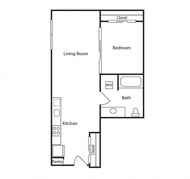 Floor plan for 1 bed, 1 bath, 613 sqft