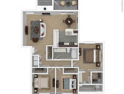 Floor plan for 3 beds, 2 baths, 1073 sqft