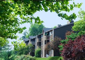 Tacoma apartment for rent - A large building with a balcony is surrounded by trees.