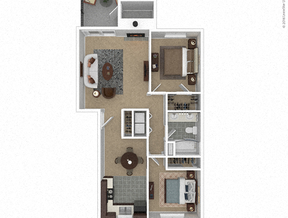 Floor plan for 2 beds, 1 bath, 849 sqft