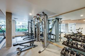 Bellevue apartment for rent - A gym with a variety of equipment including weights and machines.