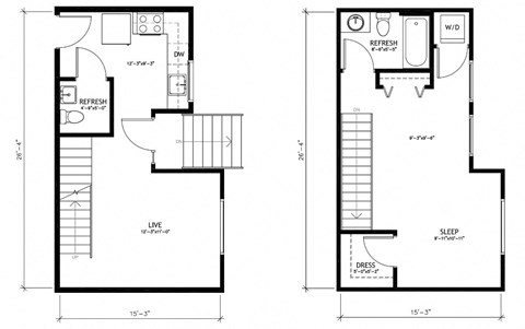 Floor plan for 1 bed, 1.5 baths, 774 sqft