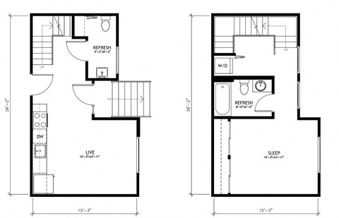 Floor plan for 1 bed, 1.5 baths, 811 sqft