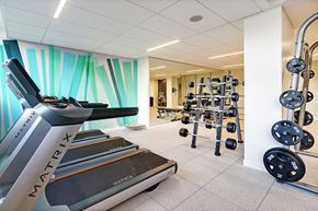 Seattle apartment for rent - a gym with treadmills and weights in a room with a wall of weights