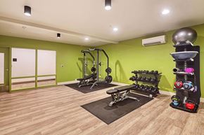 Kirkland apartment for rent - a home gym with green walls and a wooden floor