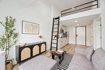 Seattle apartment for rent - A living room with a grey couch and a black and white striped rug.