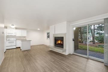 Everett apartment for rent - A modern kitchen with a wood stove in the living room.