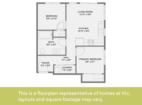 Floor plan for 2 beds, 1 bath, 879 sqft
