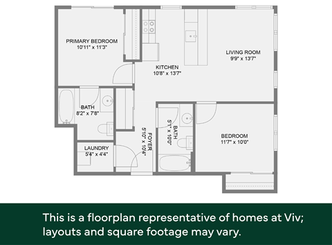 Floor plan for 2 beds, 2 baths, 869 sqft