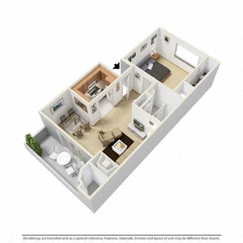 Floor plan for 1 bed, 1 bath, 516 sqft