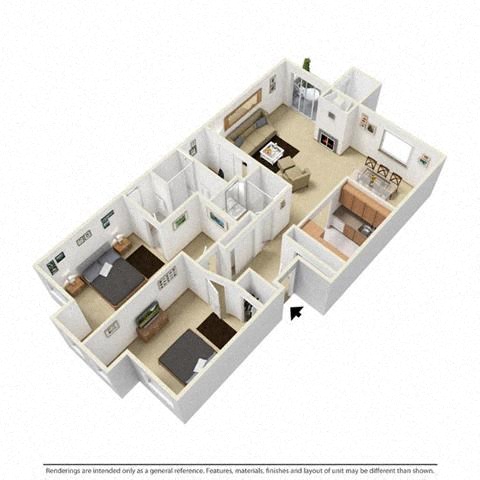 Floor plan for 2 beds, 2 baths, 965 sqft