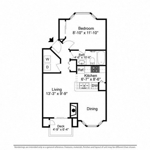 Floor plan for 1 bed, 1 bath, 732 sqft