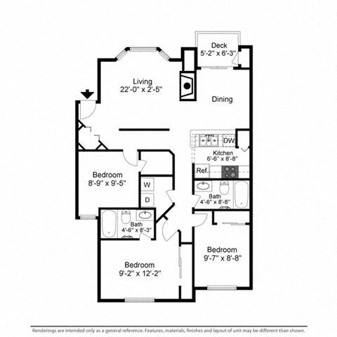 Floor plan for 3 beds, 2 baths, 1125 sqft