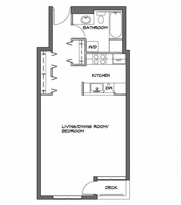 Floor plan for studio, 1 bath, 574 sqft