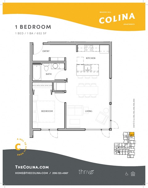 Floor plan for 1 bed, 1 bath, 652 sqft