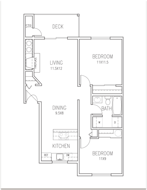 Floor plan for 2 beds, 1 bath, 837 sqft