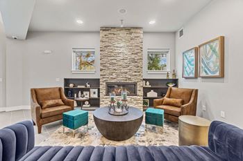 Cozy fireplace lobby lounge with espresso station