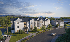 Bend apartment for rent - A large apartment complex with a parking lot in front.