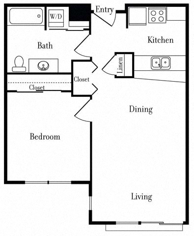 Floor plan for 1 bed, 1 bath, 729 sqft