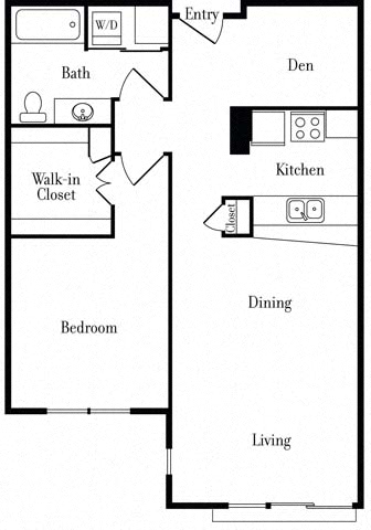 Floor plan for 1 bed, 1 bath, 763 sqft