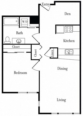Floor plan for 1 bed, 1 bath, 763 sqft