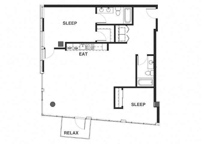 Floor plan for 2 beds, 2 baths, 1213 sqft