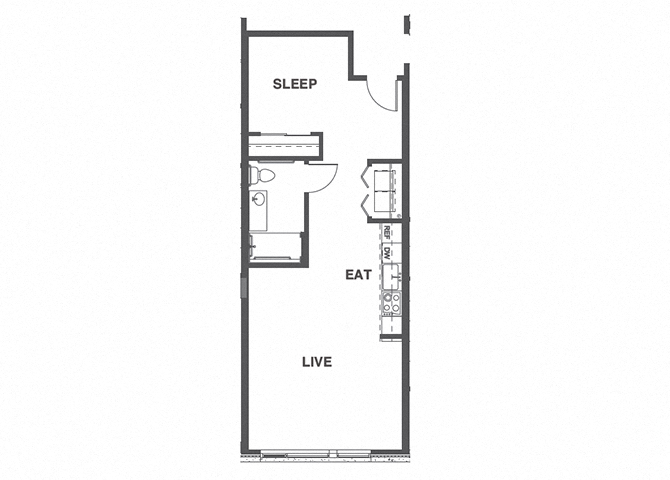 Floor plan for 1 bed, 1 bath, 643 sqft