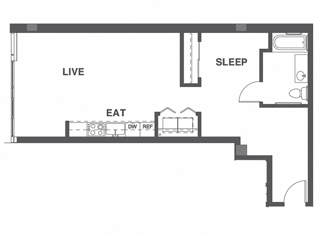 Floor plan for 1 bed, 1 bath, 658 sqft