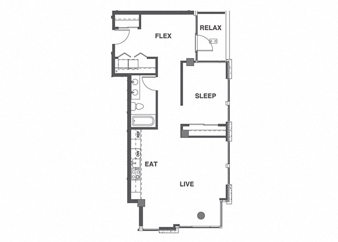 Floor plan for 1 bed, 1 bath, 861 sqft