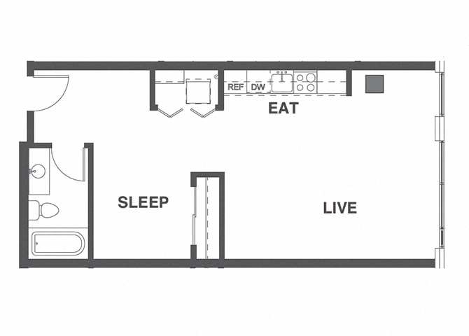 Floor plan for 1 bed, 1 bath, 598 sqft