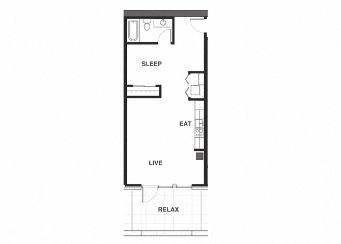Floor plan for 1 bed, 1 bath, 639 sqft