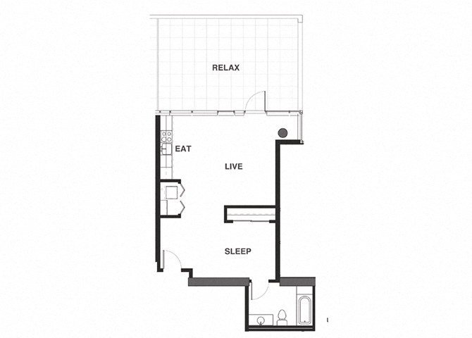 Floor plan for 1 bed, 1 bath, 619 sqft