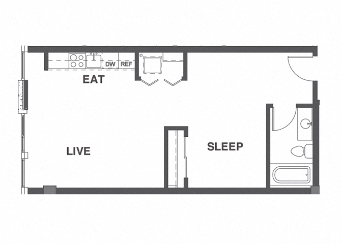 Floor plan for 1 bed, 1 bath, 602 sqft