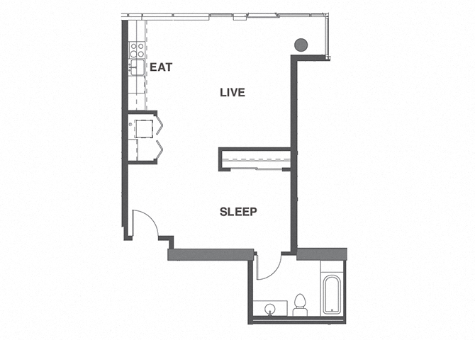 Floor plan for 1 bed, 1 bath, 619 sqft