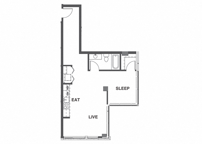 Floor plan for 1 bed, 1 bath, 651 sqft