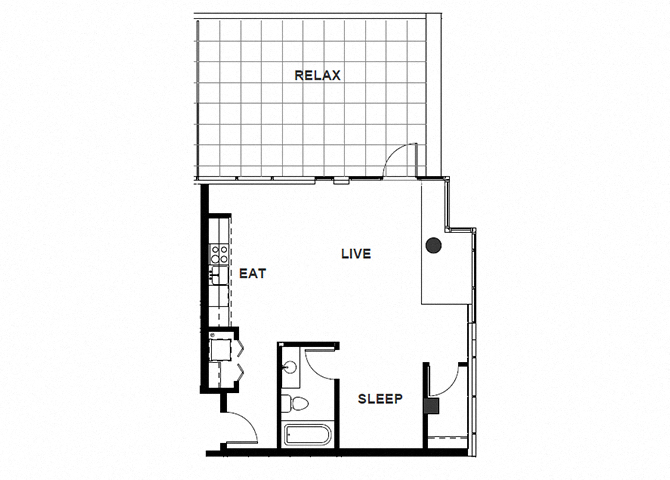 Floor plan for 1 bed, 1 bath, 652 sqft