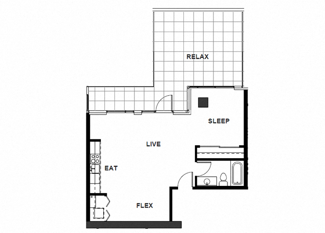 Floor plan for 1 bed, 1 bath, 662 sqft