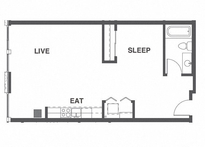 Floor plan for 1 bed, 1 bath, 663 sqft