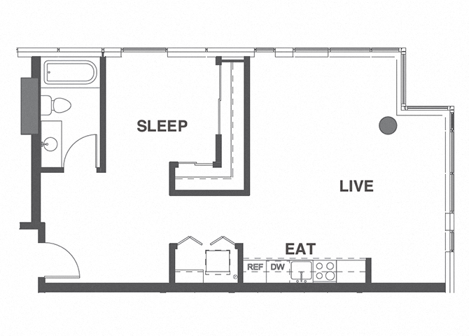 Floor plan for 1 bed, 1 bath, 692 sqft