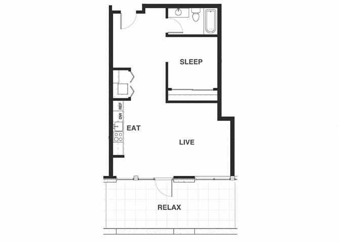 Floor plan for 1 bed, 1 bath, 710 sqft
