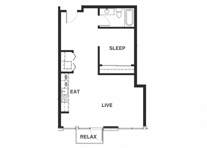 Floor plan for 1 bed, 1 bath, 710 sqft