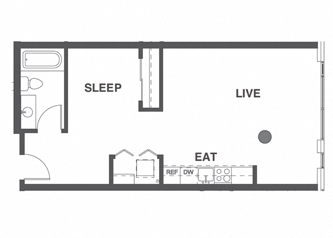 Floor plan for 1 bed, 1 bath, 592 sqft