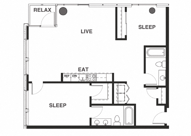 Floor plan for 2 beds, 2 baths, 1057 sqft