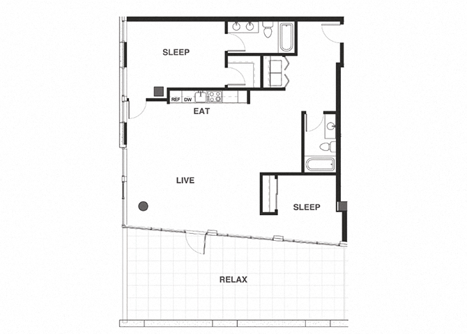 Floor plan for 2 beds, 2 baths, 1213 sqft