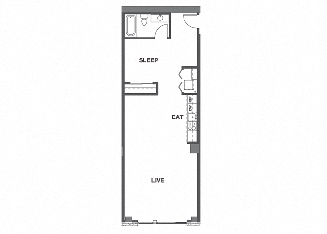 Floor plan for 1 bed, 1 bath, 781 sqft