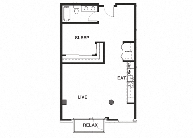 Floor plan for 1 bed, 1 bath, 805 sqft