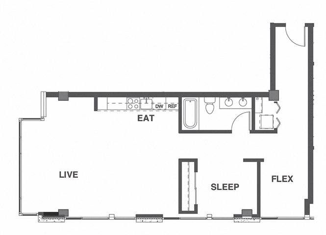 Floor plan for 1 bed, 1 bath, 882 sqft