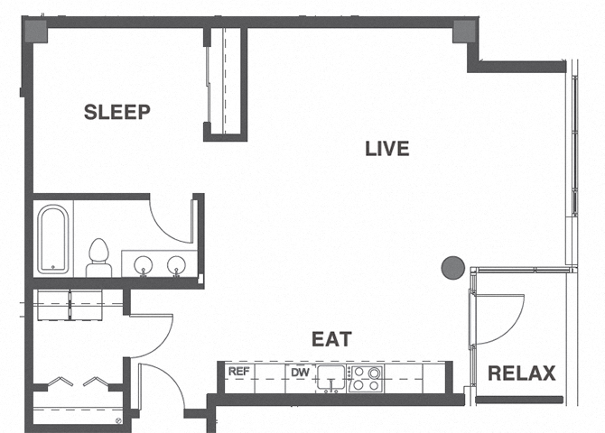 Floor plan for 1 bed, 1 bath, 827 sqft