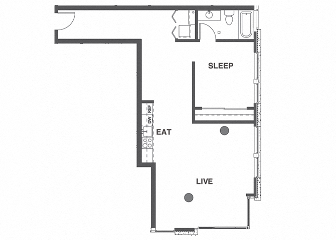 Floor plan for 1 bed, 1 bath, 840 sqft