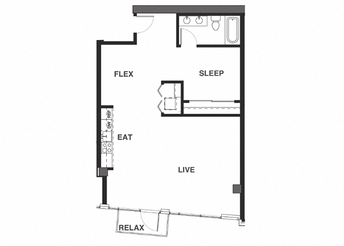 Floor plan for 1 bed, 1 bath, 849 sqft